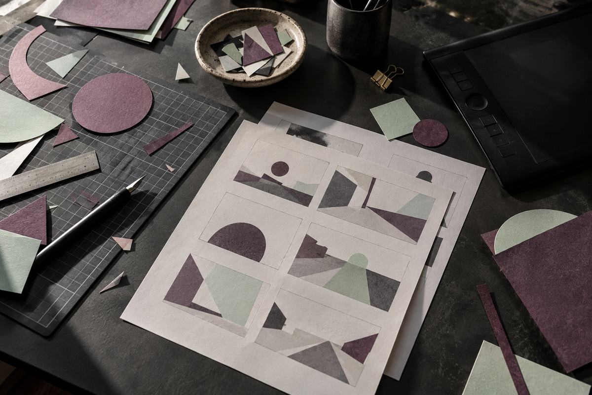 Papierformen und Storyboard-Material auf einem Tisch
