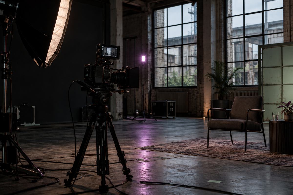 Leeres Filmset mit Kamera und Interviewstuhl in einem Studio