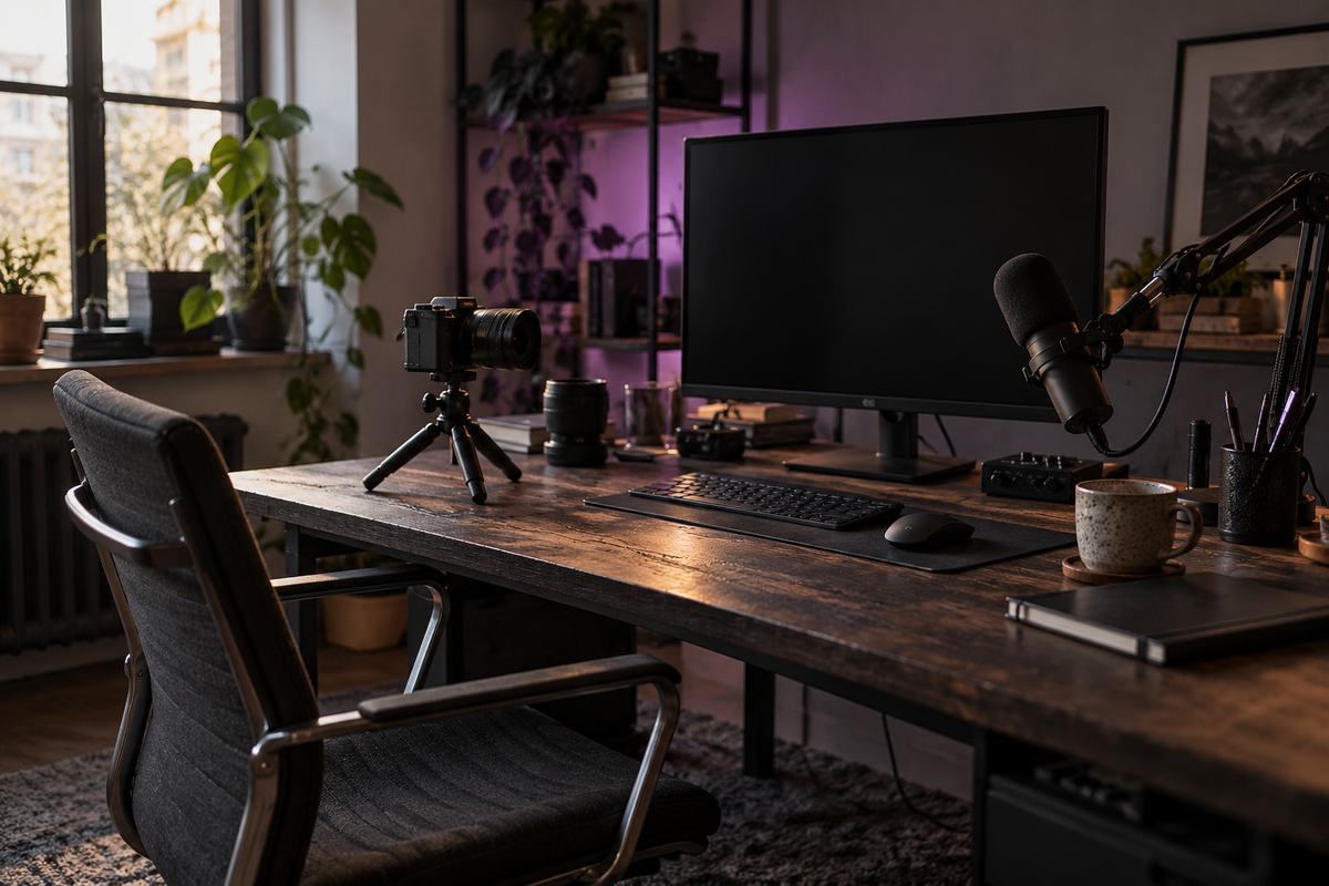 Leerer Creator-Arbeitsplatz mit Kamera und Mikrofon