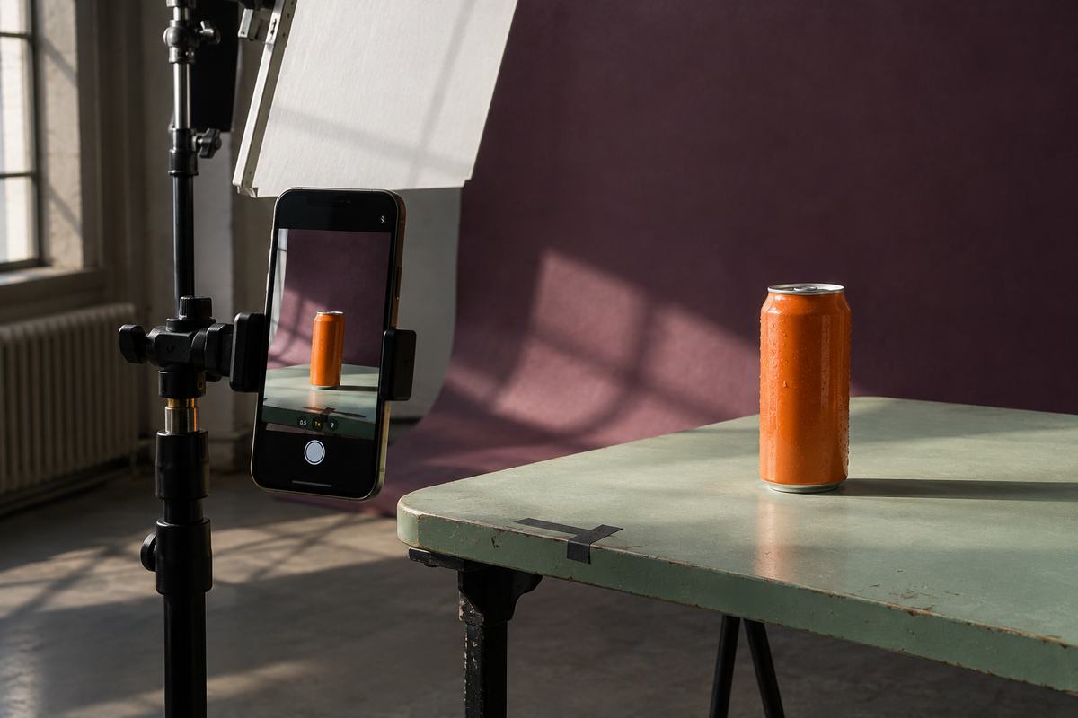 Produktset mit Smartphone und Getränkedose
