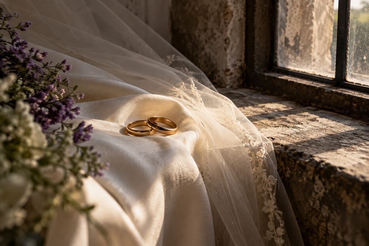 Goldene Ringe auf hellem Stoff